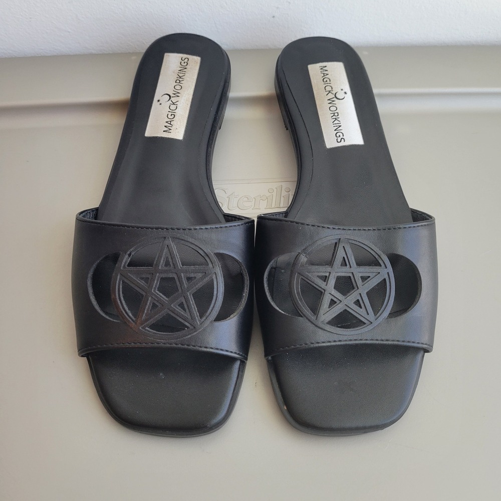 Magick Workings Black Pentagram Slide Sandals Gothic Witchy Square Toe Flats 38
